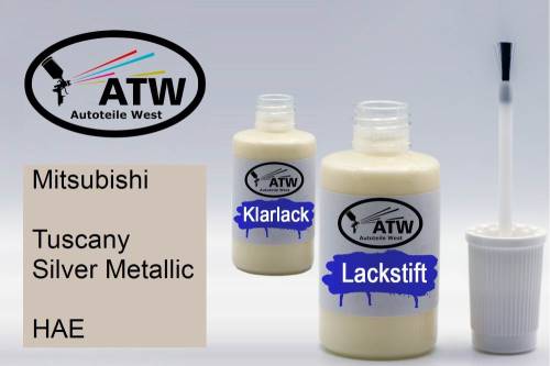 Mitsubishi, Tuscany Silver Metallic, HAE: 20ml Lackstift + 20ml Klarlack - Set, von ATW Autoteile West.